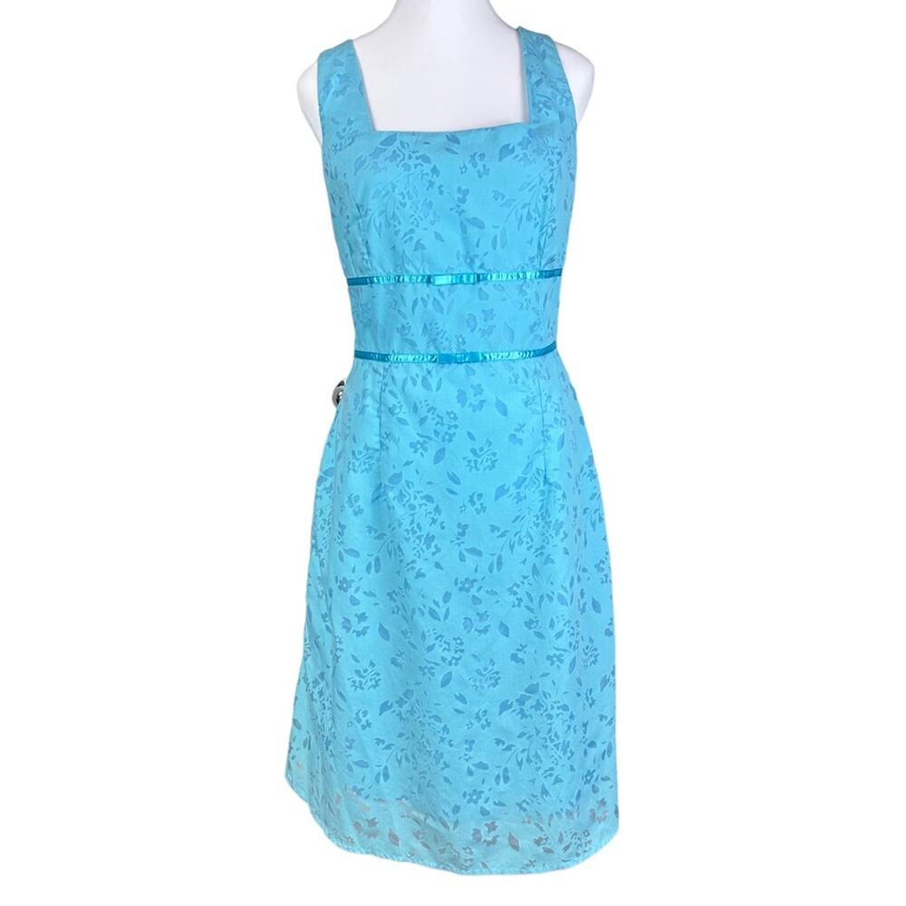 JTB Floral Sheath Dress Retro Blue Sz 10 Square Neck Cross Back Cotton Blend